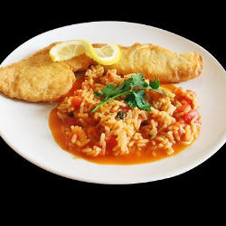 Filetes de perca frito com arroz de Tomate